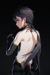  1boy back bare_back black_gloves character_request closed_mouth commentary earrings gloves jewelry long_hair looking_at_viewer looking_back male_focus pingdiguo ponytail punishing:_gray_raven red_eyes shoulder_blades 