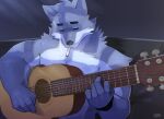  2021 anthro canid canine canis cigarette cilok digital_media_(artwork) eyes_closed fur guitar hi_res male mammal muscular musical_instrument playing_guitar playing_music plucked_string_instrument smoke smoking string_instrument wolf 