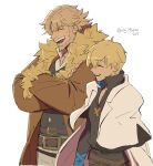  2boys :d ^_^ ahoge asaya_minoru bangs beard belt belt_buckle black_belt black_shirt brown_hair brown_jacket buckle closed_eyes collared_shirt crossed_arms eyebrows_visible_through_hair facial_hair fur-trimmed_jacket fur-trimmed_sleeves fur_trim grey_pants guilty_gear hair_between_eyes jacket ky_kiske leo_whitefang long_sleeves male_focus multiple_boys open_clothes open_jacket open_mouth pants parted_bangs shirt simple_background smile twitter_username upper_body upper_teeth v-shaped_eyebrows white_background white_jacket 