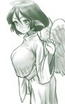  1girl angel angel_wings breasts closed_mouth feathered_wings from_side gishu green_theme hair_between_eyes halo hand_up highres large_breasts long_sleeves looking_at_viewer looking_to_the_side medium_hair monochrome pointy_ears shirt skirt smile solo tsugunael wide_sleeves wings yuuutsu-kun_to_succubus-san 