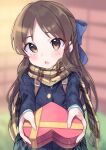  1girl :o absurdres blue_bow blush bow brown_eyes brown_hair eyebrows_visible_through_hair fingernails gift hair_bow highres holding holding_gift idolmaster idolmaster_cinderella_girls long_hair looking_at_viewer plaid plaid_scarf scarf solo sutora_binsuke tachibana_arisu valentine 