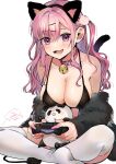  1girl absurdres animal_ears bell blush breasts cat_ears cat_tail cleavage controller curly_hair fur_coat geshumaro highres holding holding_controller large_breasts neck_bell original panda pink_eyes pink_hair playstation_controller solo stuffed_animal stuffed_toy tail teddy_bear thighhighs white_legwear 