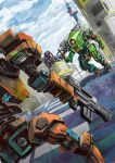  absurdres armored_core crossover glowing glowing_eye gun highres holding holding_gun holding_weapon ion_(titanfall_2) mecha mecha_request monarch_(titanfall_2) nagaoka_kihei no_humans one-eyed open_hand orange_eyes over_shoulder science_fiction titanfall_(series) titanfall_2 weapon weapon_over_shoulder 