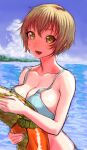  1girl :d bikini blonde_hair blue_bikini blue_sky breasts cleavage cloud collarbone copyright_request day fang gishu highres holding holding_innertube innertube large_breasts looking_at_viewer ocean open_mouth outdoors short_hair sketch sky smile solo swimsuit upper_body yellow_eyes 