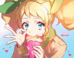  1girl aikatsu! aikatsu!_(series) bangs blonde_hair blue_eyes blush cream cream_on_face crepe food food_on_face fruit green_ribbon hair_ribbon happy_birthday heart highres holding holding_food ok_sign ribbon saegusa_kii simple_background solo strawberry twintails wattaro 