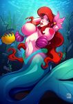  ariel_(disney) big_breasts blue_eyes bodily_fluids breasts clothing disney duo female feral fish flounder_(disney) hair hands_behind_head hi_res humanoid inverted_nipples lactating long_hair marine merfolk milk nipples pupuliini raised_arms red_hair the_little_mermaid underwater wardrobe_malfunction water 