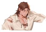  1boy bangs belmond_banderas blood blood_on_face brown_hair closed_eyes closed_mouth collarbone collared_shirt cropped_torso facing_viewer henrryxv highres male_focus nijisanji parted_bangs shirt simple_background solo thick_eyebrows torn_clothes torn_shirt upper_body virtual_youtuber white_background white_shirt 