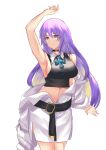  1girl absurdres armpits bangs belt black_belt black_choker blonde_hair breasts choker colored_inner_hair crop_top eyebrows_visible_through_hair gradient_hair hand_up highres hol hololive hololive_indonesia jacket large_breasts midriff moona_hoshinova multicolored_hair navel off_shoulder purple_eyes purple_hair reezuri sideboob solo textless virtual_youtuber white_background white_jacket 