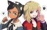  2girls :d :o animal_ears aonuma_neiru black_choker black_hair black_ribbon blue_eyes bow braid cat_ears chestnut_mouth choker claw_pose collarbone commentary_request dark_skin dark_skinned_female dog_ears dress extra_ears face green_eyes grey_dress hair_bow hair_flaps hair_ornament hair_over_shoulder hairband hairclip hands jacket kawai_rika letterman_jacket light_brown_hair long_hair long_sleeves looking_at_viewer multicolored_hair multiple_girls neck_ribbon niina_ryou open_clothes open_jacket open_mouth paw_pose paw_print ponytail ribbon simple_background single_braid smile speech_bubble spoken_paw streaked_hair upper_body upper_teeth white_background white_bow white_hairband wonder_egg_priority 