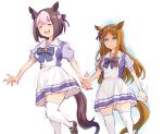  2girls animal_ears aura blush bow brown_hair closed_eyes grass_wonder green_eyes hair_bow hair_ribbon holding_hands horse_ears horse_girl horse_tail light_brown_hair long_hair looking_at_another multiple_girls open_mouth ribbon ryoji_(nomura_ryouji) school_uniform shaking shoes short_hair simple_background skirt smile special_week tail thighhighs umamusume upper_teeth white_background worried yandere 