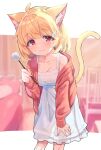  1girl :3 absurdres animal_ears bangs blonde_hair blush breasts cat_ears cat_tail cleavage closed_mouth collarbone copyright_request dress eyebrows_visible_through_hair hair_ornament highres looking_at_viewer medium_breasts short_hair smile solo sutora_binsuke tail white_dress 