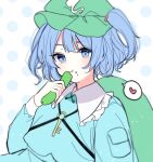  +_+ 1girl :t backpack bag bangs blue_eyes blue_hair blurry breasts closed_mouth cucumber depth_of_field eating eyebrows_visible_through_hair food food_on_face frilled_shirt_collar frills green_bag green_headwear hat heart highres kawashiro_nitori key light_blush long_sleeves looking_at_viewer pocket short_hair simple_background small_breasts solo spoken_heart touhou two_side_up white_background yurui_tuhu 