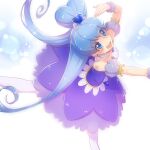  1girl :d ballerina blue_background blue_dress blue_eyes blue_hair blue_neckwear blue_theme choker cure_princess dancing dress hair_bun happinesscharge_precure! heart_hair_bun highres light_particles long_hair looking_at_viewer magical_girl nijigami_rin open_mouth pantyhose precure sherbet_ballet shirayuki_hime smile solo standing standing_on_one_leg twintails white_legwear wing_earrings 