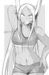  1girl animal_ears bangs bare_arms boku_no_hero_academia breasts bunny_ears commentary_request dark_skin dark_skinned_female eyelashes greyscale grin hand_on_hip highres long_hair looking_at_viewer midriff mirko monochrome navel nstime23 parted_bangs short_shorts shorts smile solo standing tank_top twitter_username very_long_hair wet 
