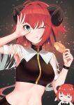  1girl :q absurdres animal_ears antenna_hair aqua_eyes arm_up armpits black_shirt breasts carolrin closed_mouth crop_top curled_horns doughnut food full-length_zipper hand_up highres holding horns looking_at_viewer medium_breasts midriff navel ok_sign original red_hair see-through see-through_sleeves shirt short_hair short_sleeves shrug_(clothing) sleeveless sleeveless_shirt sleeveless_turtleneck smile solo stomach thick_eyebrows tongue tongue_out turtleneck upper_body wing_collar wristband zipper zipper_pull_tab 