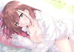  1girl :o atlanta_(kancolle) bangs bed black_eyes blush breast_squeeze breasts brown_hair cleavage dress_shirt eyebrows_visible_through_hair hair_down kantai_collection large_breasts long_hair long_sleeves looking_at_viewer lying mikage_takashi naked_shirt on_bed on_side open_mouth pillow shirt solo sunlight twitter_username white_shirt 