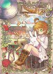  1girl ahoge bare_legs bars basket bird black_ribbon blush boots bottle bow bowtie bread brown_background brown_footwear building button_eyes buttons chain closed_eyes closed_mouth commentary_request crayon_drawing croissant emma_(yakusoku_no_neverland) english_text fire flower food full_body green_eyes hat hat_ribbon highres holding holding_stuffed_toy identity_v jewelry knife lantern light_smile long_sleeves looking_down n_kamui neck_tattoo necklace number number_tattoo open_mouth orange_hair outdoors owl petals pink_neckwear pink_shirt plant prison prison_cell red_flower ribbon shirt short_hair skirt smile solo spray_bottle stitches string_phone stuffed_animal stuffed_bunny stuffed_toy sun_hat table tattoo toolbox vines white_shirt white_skirt yakusoku_no_neverland yarn 