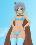  1girl bare_arms bare_shoulders bikini blue_background blue_bikini blue_legwear blue_sky breasts cape closed_mouth copyright_request cowboy_shot crown day gishu grey_hair hands_on_hips highres mini_crown navel outdoors red_cape simple_background skindentation sky small_breasts solo standing swimsuit thighhighs tilted_headwear yellow_eyes 
