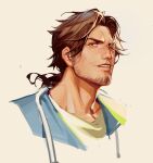  1boy alternate_costume belmond_banderas brown_background brown_eyes brown_hair collarbone commentary_request facial_hair forehead henrryxv highres long_hair looking_at_viewer low_ponytail male_focus nijisanji one_eye_closed parted_lips ponytail portrait shirt simple_background solo stethoscope stubble thick_eyebrows virtual_youtuber white_shirt 