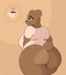  anthro beauty_mark big_butt blepwep bottomless butt clothed clothing cup female hi_res huge_butt mammal shirt solo topwear ursid 