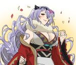  1girl alternate_costume blush breasts camilla_(fire_emblem) cleavage confetti fake_horns fire_emblem fire_emblem_fates flower fur_scarf gradient gradient_background hair_flower hair_ornament horns japanese_clothes large_breasts looking_down maze_draws obi pink_flower pink_rose purple_hair rose sash smile solo twitter_username white_flower white_rose wide_sleeves 