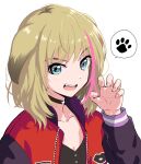  1girl :d animal_ears black_choker blue_eyes choker collarbone dog_ears hair_flaps jacket kawai_rika letterman_jacket light_brown_hair multicolored_hair niina_ryou open_clothes open_jacket open_mouth paw_pose paw_print simple_background smile solo speech_bubble spoken_paw streaked_hair upper_body upper_teeth white_background wonder_egg_priority 