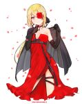  1girl abide_in bare_shoulders black_cape blonde_hair blue_eyes bow breasts cape cleavage cowboy_shot dress elbow_gloves eyepatch finger_to_own_chin flower flower_eyepatch girls_frontline gloves highres medium_breasts official_alternate_costume petals ponytail red_dress rose rose_petals side_slit skorpion_(girls_frontline) sleeveless sleeveless_dress smile solo thigh_strap white_background 