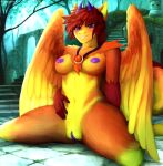  absurd_res anthro avian breasts detailed_background dragon european_mythology female genitals greek_mythology hi_res hybrid kneeling mythological_avian mythological_firebird mythology non-mammal_breasts phoenix pussy redfiery solo tr.anonymous.h wings 