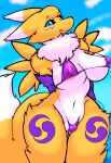  2021 absurd_res alternate_version_at_source anthro areola big_breasts bikini black_sclera blep blue_eyes breasts camel_toe canid canine clothing cloud day digimon digimon_(species) dipstick_ears dipstick_tail facial_markings female fluffy fur head_markings hi_res kemono looking_at_viewer mammal markings micro_bikini milkteafox multicolored_body multicolored_ears multicolored_fur multicolored_tail navel neck_tuft nipple_outline outside portrait purple_body purple_fur renamon sky solo swimwear three-quarter_portrait tongue tongue_out tuft white_body white_fur yellow_body yellow_fur 