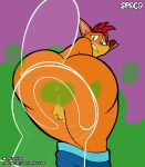  absurd_res activision anus balls big_butt butt crash_bandicoot crash_bandicoot_(series) digital_media_(artwork) embarrassed fart fur genitals hair hi_res looking_at_viewer male muscle_butt simple_background solo spaca text thick_thighs video_games wide_hips 