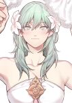  1girl bangs blush breasts byleth_(fire_emblem) byleth_(fire_emblem)_(female) cleavage dress fire_emblem fire_emblem:_three_houses flower green_eyes green_hair hair_between_eyes hair_flower hair_ornament highres ikarin long_hair simple_background smile solo strapless strapless_dress upper_body wedding_dress white_background white_dress white_flower yuri 