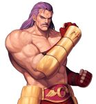  1boy abs arm_guards bare_pecs blue_eyes championship_belt clenched_hands collarbone commentary_request cowboy_shot cross_scar evilgun facial_hair fatal_fury fingerless_gloves fingernails gloves highres long_hair looking_at_viewer male_focus muscular muscular_male mustache navel pectorals purple_hair red_gloves scar scar_on_forehead serious shirtless simple_background solo standing stomach the_king_of_fighters the_king_of_fighters_&#039;96 veins white_background wolfgang_krauser 