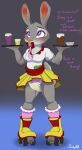  anthro blush bodily_fluids clothing diaper disney feces female frilly frilly_clothing fur genital_fluids grey_body grey_fur hi_res judy_hopps lagomorph leporid mammal messy_diaper mistydash rabbit rollerskates scat serving_tray soiling solo tray urine waiter waitress_outfit wet_diaper wetting wetting_diaper zootopia 