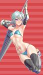  1girl armpits bikini black_gloves blue_bikini blush breasts closed_mouth elbow_gloves gauntlets gishu gloves green_hair hands_up highres holding holding_lance holding_polearm holding_weapon lance large_breasts legs_together looking_at_viewer navel original polearm purple_eyes red_background short_hair skindentation solo stomach striped striped_background swimsuit thighhighs weapon 