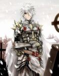  1boy armor bandage_on_face bandage_over_one_eye bandages bangs blood breastplate commentary_request cowboy_shot eyebrows_visible_through_hair garter_straps graveyard leg_armor looking_down male_focus parted_lips pauldrons ragnarok_online red_eyes retgra rune_knight_(ragnarok_online) short_hair shoulder_armor snowing solo spiked_pauldrons standing tabard tombstone white_hair white_sky 