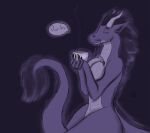  2019 anthro beverage breasts dialogue dragon english_text eyes_closed female holding_beverage holding_object horn navel nude simple_background solo sunderlovely text watdurgon 