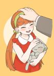  1girl bangs blunt_bangs cat closed_eyes cropped_torso dress green_hairband grey_cat hairband highres huangshou_(the_legend_of_luoxiaohei) long_hair mede_lxh open_mouth orange_background petting red_dress shanxin_(the_legend_of_luoxiaohei) smile solo the_legend_of_luo_xiaohei twintails upper_body 