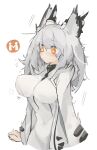  2020 animal_humanoid arknights avian avian_humanoid big_breasts bird_humanoid blush bodily_fluids breasts clothing female grey_hair hair humanoid jacket mikojin nipple_outline owl_humanoid ptilopsis_(arknights) simple_background solo surprise sweat sweatdrop topwear white_background yellow_eyes 