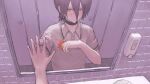  1girl 900p bathroom black_hair chainsaw_man choker closed_mouth collared_shirt film_grain flower hair_between_eyes hand_on_mirror highres holding holding_flower mirror orange_flower reze_(chainsaw_man) shirt short_sleeves sleeve_cuffs solo sweat tile_wall tiles white_shirt yellow_eyes 