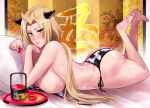  1girl alcohol animal_print barefoot bikini blonde_hair blush breasts brown_eyes chinese_zodiac choko_(cup) cow_horns cow_print cup facial_mark forehead_mark full_body haikawa_hemlen horns huge_breasts long_hair lying naruto naruto_(series) nipples on_stomach sake smile solo swimsuit tsunade untied untied_bikini year_of_the_ox 