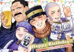  1girl 3boys ;d ainu_clothes asirpa bee beer_can black_eyes black_hair brown_eyes brown_scarf bug can character_name closed_eyes confetti dated earrings facial_hair goatee golden_kamuy grey_hair hand_up happy_birthday hat holding holding_can hoop_earrings insect jewelry kepi long_hair military_hat multiple_boys mustache one_eye_closed open_mouth purple_headband scar scar_on_cheek scar_on_face scar_on_forehead scarf shiraishi_yoshitake sideburns smile sugimoto_saichi upper_body ushiyama_tatsuma ym_gk 