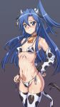  1girl animal_ears animal_print bell bikini blue_hair blush breasts chinese_zodiac cow_ears cow_girl cow_horns cow_print cow_tail cowbell embarrassed fake_horns highres horns kazanari_tsubasa long_hair looking_at_viewer navel neck_bell print_bikini purple_eyes senki_zesshou_symphogear shiny shiny_hair shiny_skin side_ponytail small_breasts solo standing sweat swimsuit syunzou tail year_of_the_ox 