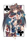  1girl :p ahoge black_footwear blue_collar brown_hair card cloak club_(shape) collar crown earrings feathered_wings full_body garter_belt garter_straps hair_between_eyes hair_ribbon high_heels highres holding_crown jewelry looking_at_viewer playing_card red_cloak red_eyes reiuji_utsuho ribbon solo thighs tongue tongue_out touhou toutenkou white_background wings 