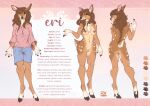  absurd_res anabel anthro bottomwear breasts brown_body brown_fur brown_hair butt cervid chest_tuft clothed clothing cloven_hooves english_text eri_(feral.) female fully_clothed fur genitals hair hi_res hooves mammal model_sheet nude pussy scut_tail short_tail shorts solo standing text tuft 