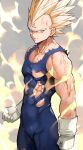  1boy abs absurdres blonde_hair bodysuit clenched_hands covered_abs dragon_ball dragon_ball_z energy facial_mark forehead_mark gloves green_eyes grin highres looking_at_viewer majin_vegeta male_focus muscular muscular_male smile spiked_hair super_saiyan super_saiyan_2 teeth torn_clothes vegeta veins white_gloves yoshio_(55level) 