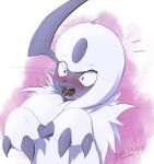  absol absurdres animal_focus artist_name blush claws commentary constricted_pupils dated embarrassed english_commentary eryz eyebrows_visible_through_hair fluffy gen_3_pokemon hands_up highres motion_lines no_humans nose_blush notice_lines open_mouth pink_background pokemon pokemon_(creature) red_eyes redrawn saliva sharp_teeth short_hair signature simple_background solo surprised teeth tongue upper_body white_hair wide-eyed 