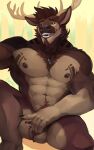  abs anthro antlers balls brown_body brown_fur brown_hair capreoline cervid chest_tuft covering covering_crotch facial_hair fur genitals goatee hair hi_res horn male mammal muscular muscular_anthro muscular_male nails nipples nude pecs pubes reindeer smile solo tattoo teeth tuft whiteleonard 