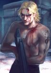  1boy absurdres arm_tattoo bleeding blonde_hair blood blood_on_face blood_on_snow blue_eyes building collarbone derivative_work dog_tags english_commentary fence gun highres holding holding_gun holding_weapon injury koi_fin liquid_snake male_focus metal_gear_(series) metal_gear_solid muscular muscular_male night night_sky outdoors realistic screencap_redraw shirtless short_hair sky smile snow solo tattoo weapon 