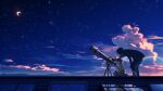  ambiguous_gender cloud cloudy_sky crescent_moon glint highres long_sleeves moon original profile rainbow short_hair sitting sky star_(sky) starry_sky telescope totsu_(nikki00) wide_shot 