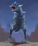  2021 absurd_res ambiguous_gender blue_body claws digital_media_(artwork) dinosaur feral fossil_pok&eacute;mon front_view grey_body hi_res horn mountain nintendo open_mouth ornithischian pachycephalosaurid pok&eacute;mon pok&eacute;mon_(species) rampardos red_eyes reptile scalie solo spikes spikes_(anatomy) t-ace_juice video_games 